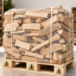 Brennholz im Netzsack auf Palette