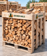 Brennholz im Holzrahmen – Kaminholz auf Palette
