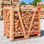 Brennholz 25–30 cm – Kaminholz im Netzrahmen auf Palette