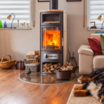 Kaminofen mit Natursteinverkleidung und integriertem Holzfach