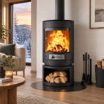 Kaminofen mit integriertem Holzfach – Rundes Design