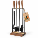 Kaminbesteck 4-teilig – Holzgriffe mit dekorativem Holzständer