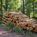 Forstrundholz – Nadelholz Stammholz im großen Holzpolter